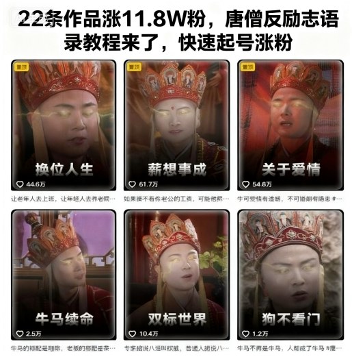 22条作品涨11.8W粉,唐僧反励志语录教程来了,快速起号涨粉-福源网