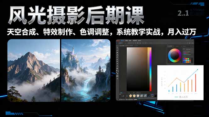 风光摄影后期课，一键换天空合成、特效制作、色调调整，月入过万-福源网