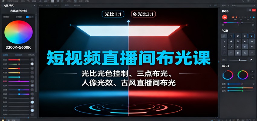 短视频直播间布光课:光比光色控制、三点布光、人像光效、古风直播间布光-福源网