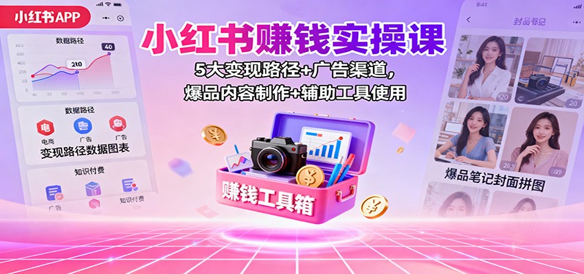 小红书赚钱实操课：5大变现路径+广告渠道，爆品内容制作+辅助工具使用-福源网