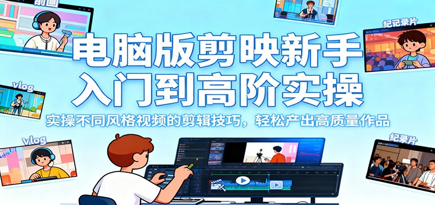 电脑版剪映新手入门到高阶实操，实操不同风格视频的剪辑技巧，轻松产出高质量作品-福源网