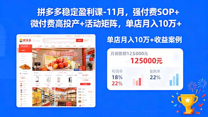 拼多多稳定盈利课-11月，强付费SOP+微付费高投产+活动矩阵，单店月入10w+-福源网